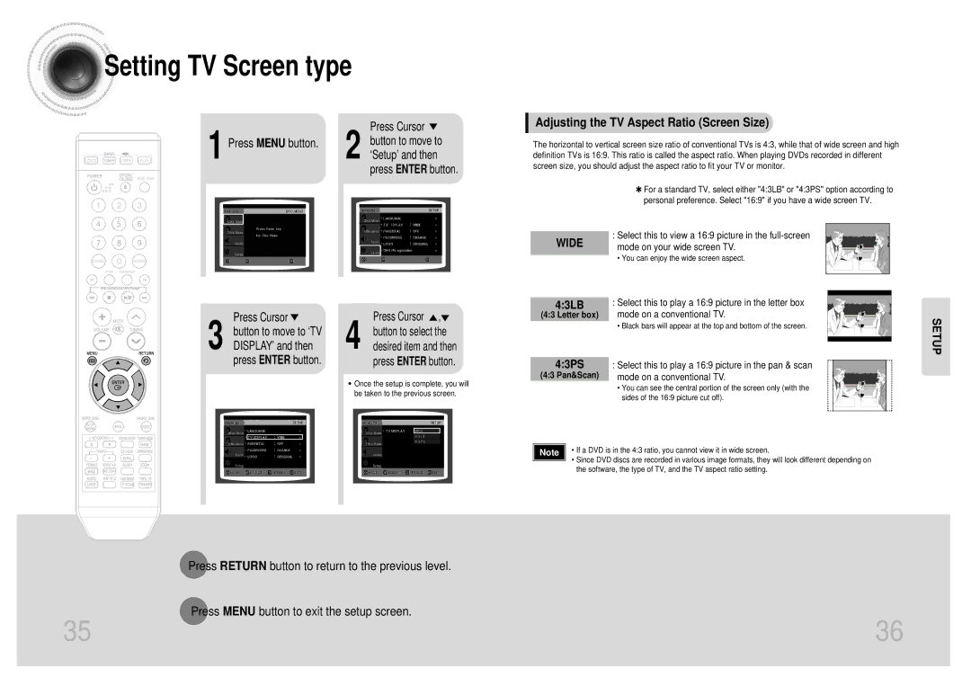 Samsung MAX-KT55Q/XFU manual Adjusting the TV Aspect Ratio Screen Size, Setup 