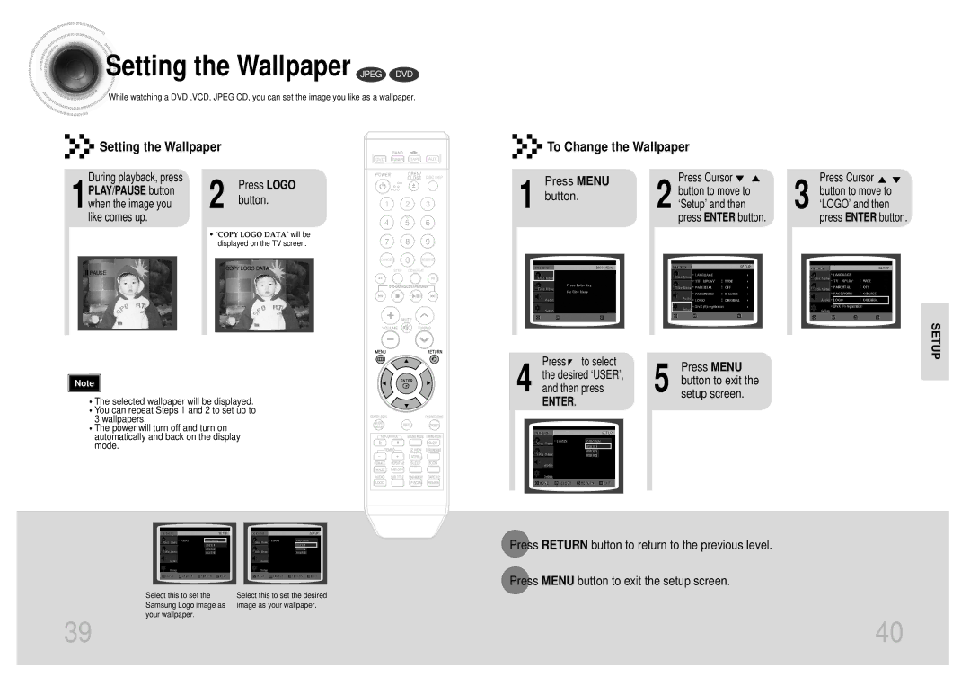 Samsung MAX-KT55Q/XFU manual Setting the Wallpaper Jpeg DVD, Setting the Wallpaper To Change the Wallpaper, Press Menu 