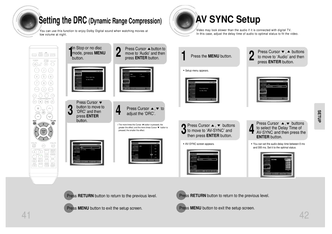 Samsung MAX-KT55Q/XFU manual AV Sync Setup, Stop or no disc, 1mode, press Menu, Press Cursor Adjust the ‘DRC’ 