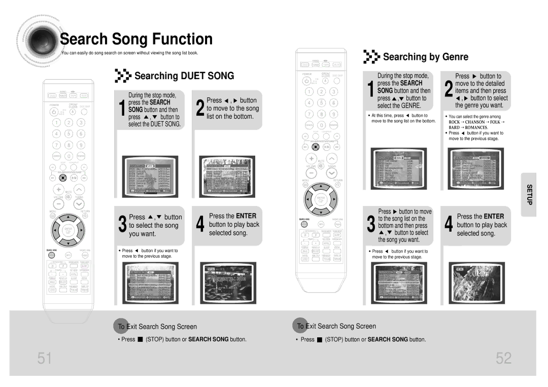 Samsung MAX-KT55Q/XFU manual Search Song Function, Searching by Genre Searching Duet Song 