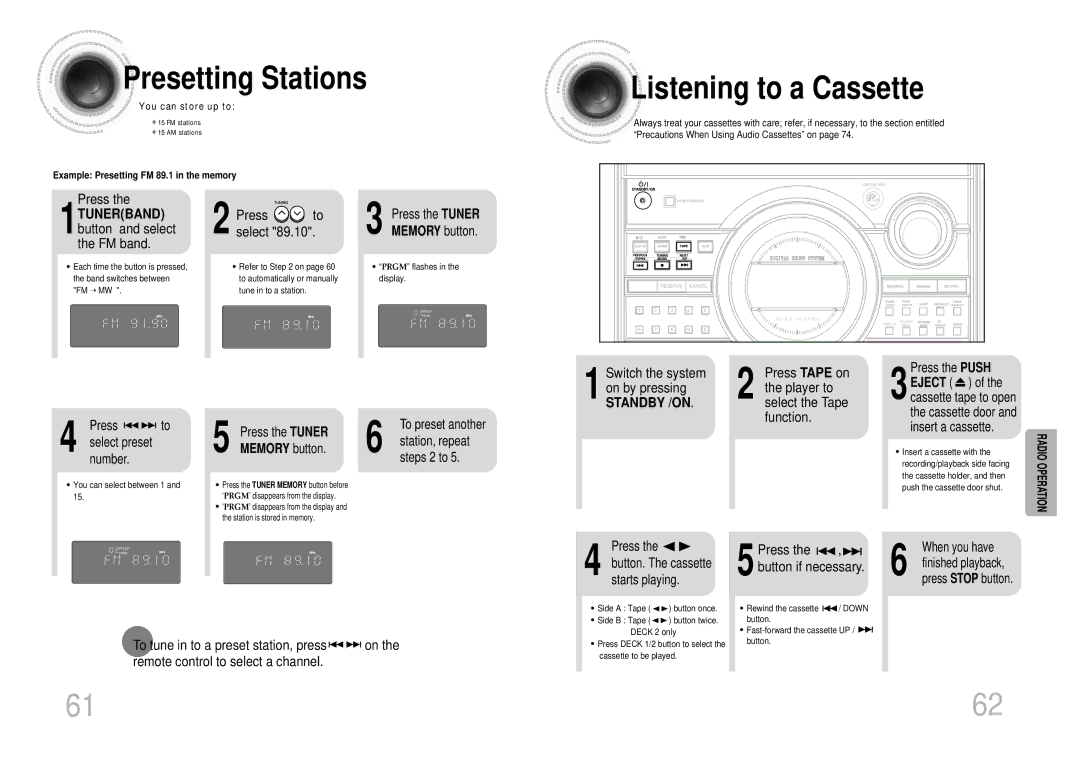 Samsung MAX-KT55Q/XFU Presetting Stations, Listening to a Cassette, 1TUNERBAND button and select the FM band, Standby /ON 