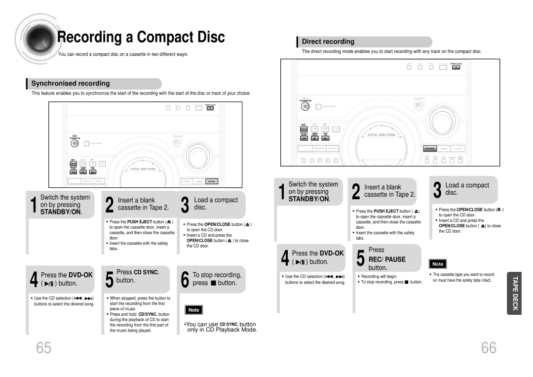 Samsung MAX-KT55Q/XFU manual Recording a Compact Disc, Synchronised recording, Direct recording, REC/ Pause 