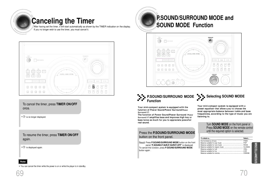 Samsung MAX-KT55Q/XFU Canceling the Timer, SOUND/SURROUND Mode Function, Selecting Sound Mode, Button on the front panel 