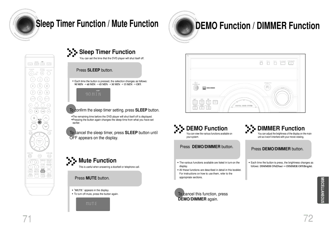 Samsung MAX-KT55Q/XFU manual Sleep Timer Function, Demo Function Dimmer Function, Mute Function, DEMO/DIMMER again 