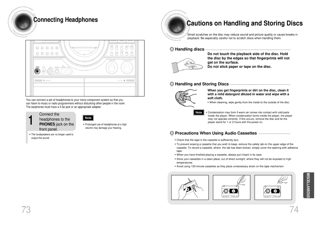 Samsung MAX-KT55Q/XFU manual Handling discs, Handling and Storing Discs, Precautions When Using Audio Cassettes 