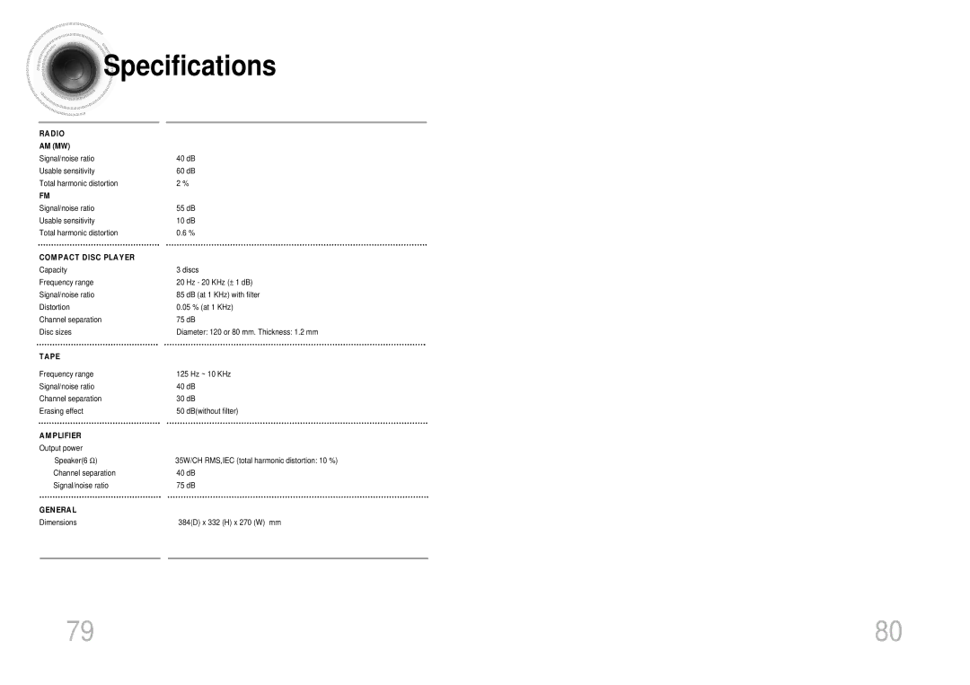 Samsung MAX-KT55Q/XFU manual Specifications, Compact Disc Player 