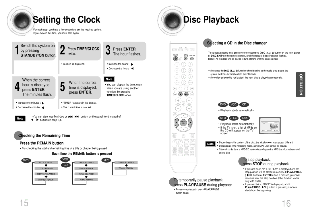 Samsung MAX-KT55Q/XFU manual Setting the Clock, Disc Playback, Selecting a CD in the Disc changer 