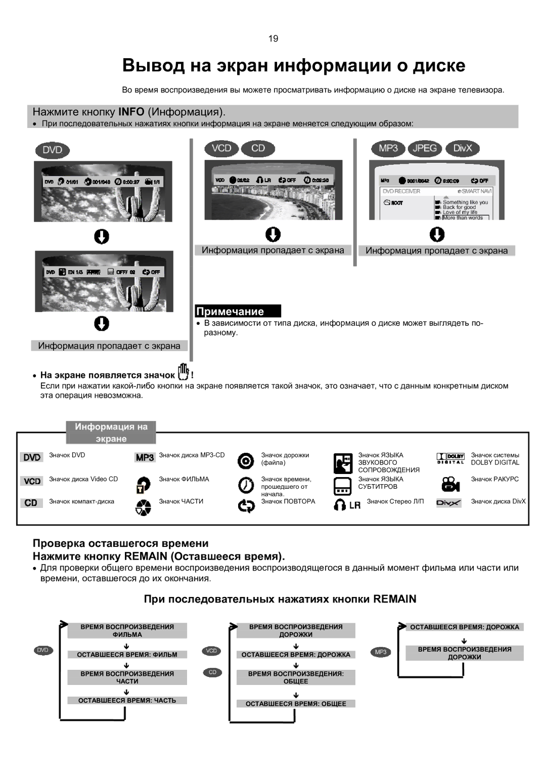 Samsung MAX-KT65Q/XFU manual Вывод на экран информации о диске, Нажмите кнопку Info Информация, На экране появляется значок 