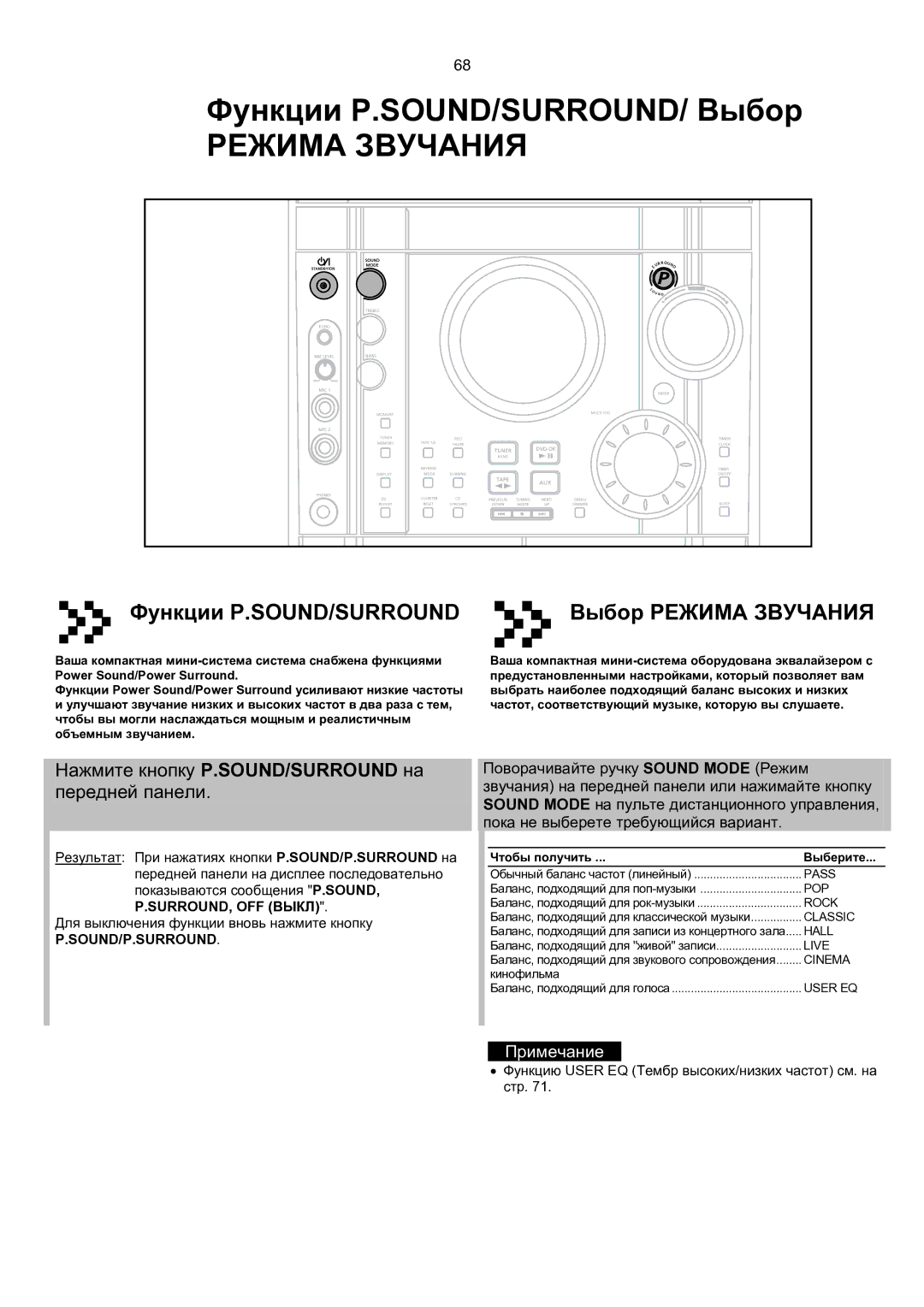 Samsung MAX-KT65Q/XFU manual Функции P.SOUND/SURROUND/ Выбор, Нажмите кнопку P.SOUND/SURROUND на передней панели 