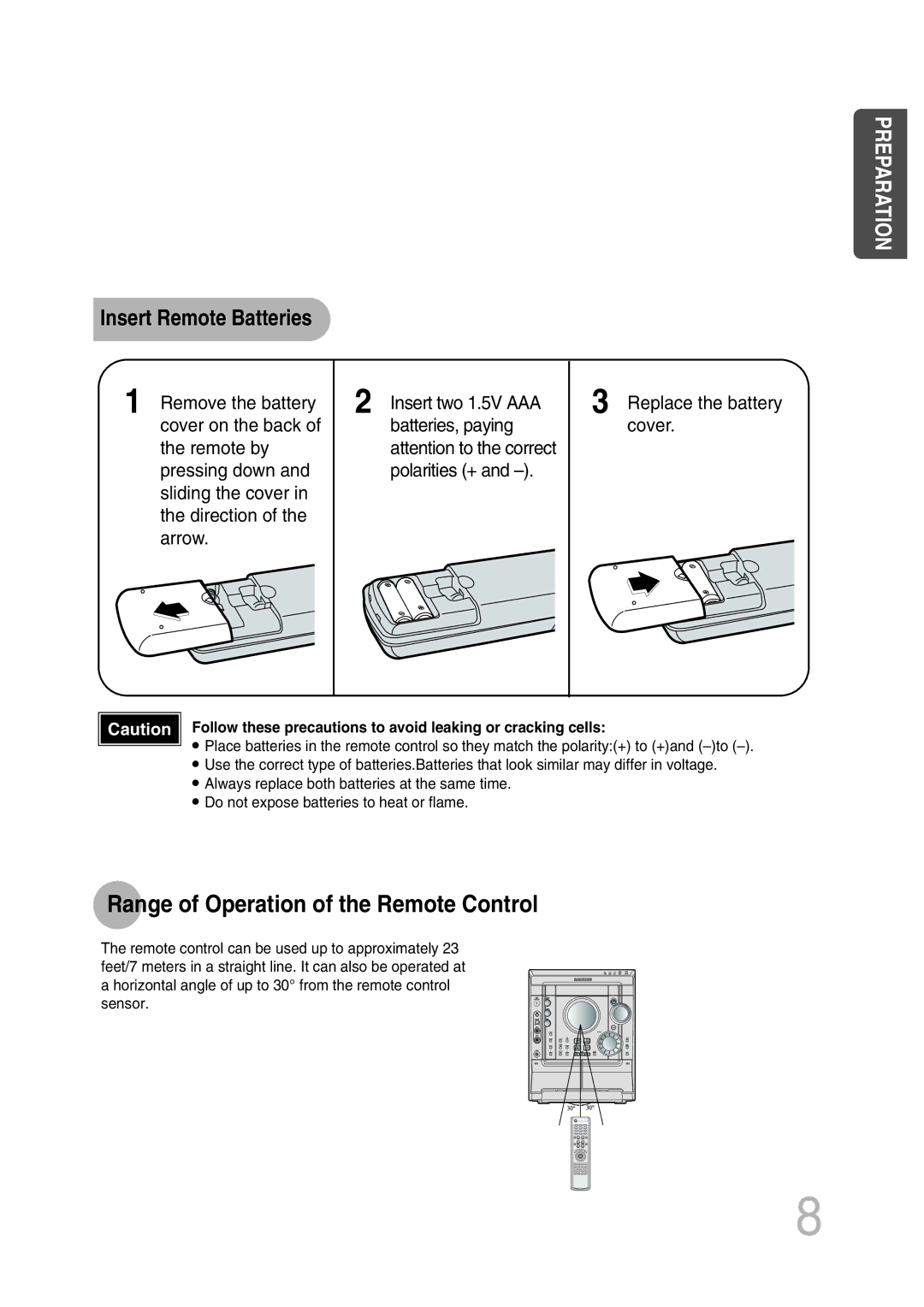 Samsung MAX-KT65Q/XFU manual Range of Operation of the Remote Control, Insert Remote Batteries 