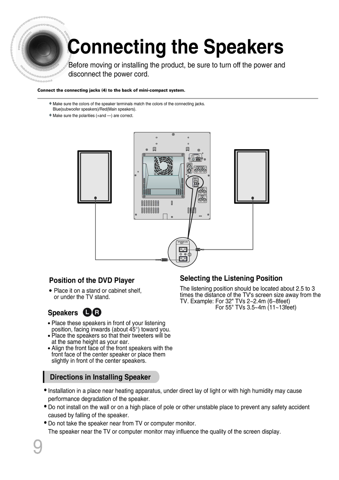 Samsung MAX-KT65Q/XFU manual Connecting the Speakers, Position of the DVD Player, Speakers L R 