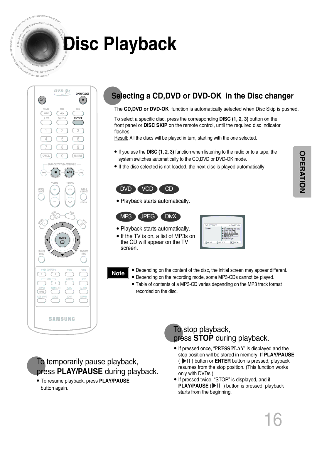 Samsung MAX-KT65Q/XFU manual Disc Playback, Selecting a CD,DVD or DVD-OK in the Disc changer 