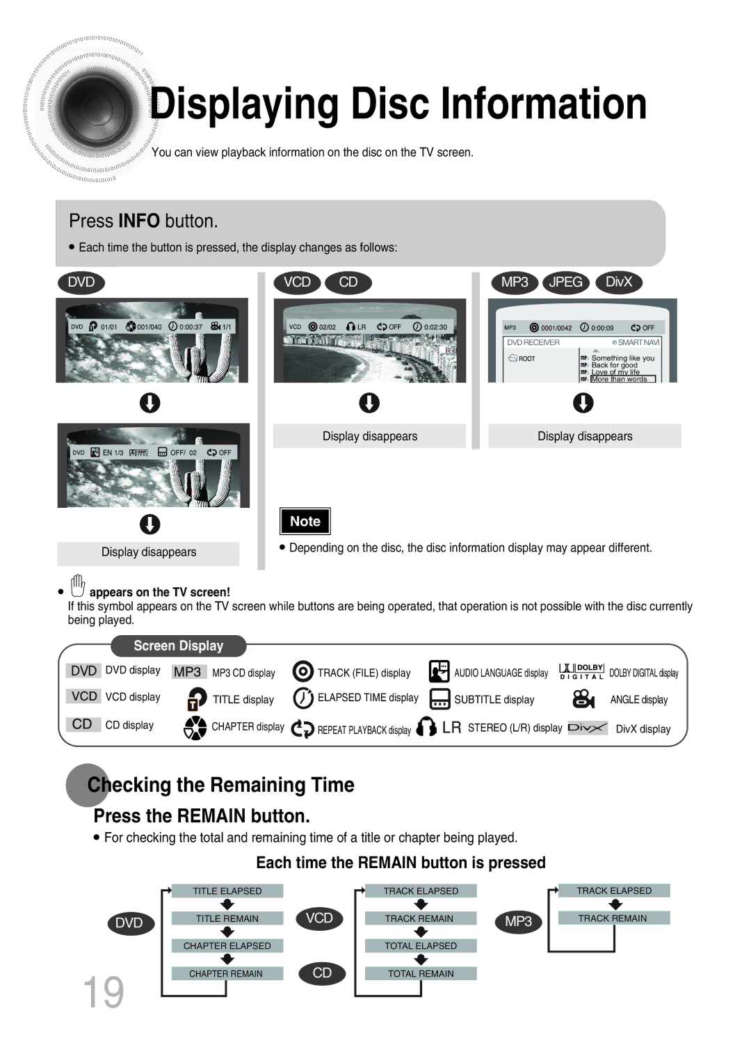 Samsung MAX-KT65Q/XFU manual Displaying Disc Information, Press Info button, Press the Remain button 