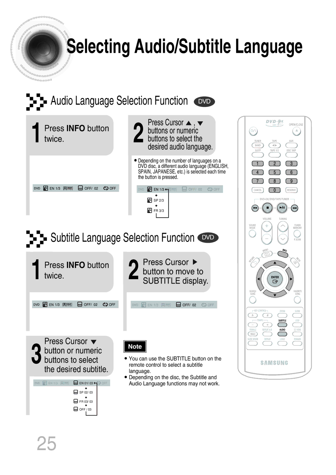 Samsung MAX-KT65Q/XFU 1Press Info button twice, Press Info button Press Cursor Button to move to Twice, Subtitle display 