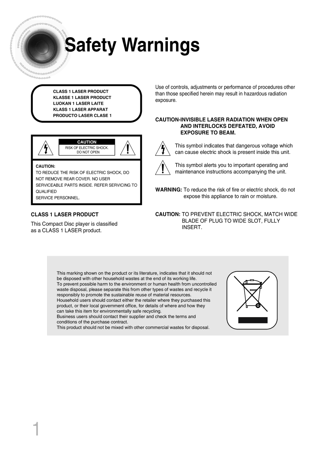 Samsung MAX-KT65Q/XFU manual Safety Warnings, Class 1 Laser Product 