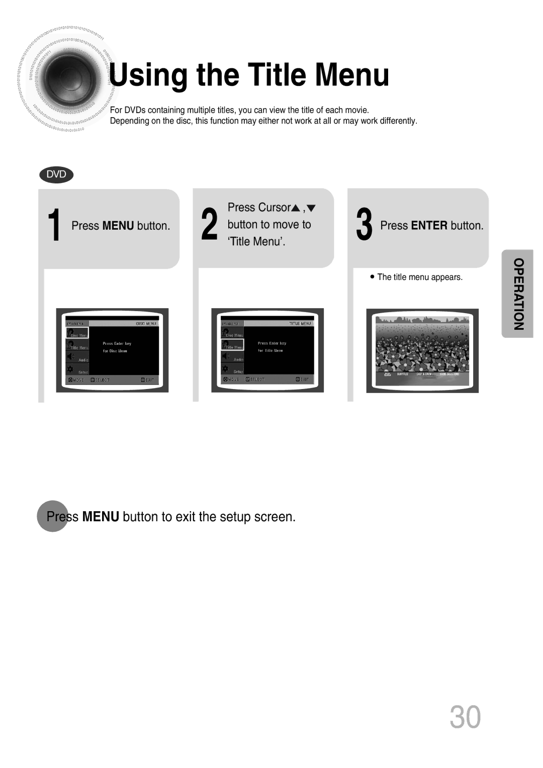 Samsung MAX-KT65Q/XFU Using the Title Menu, Press Menu button to exit the setup screen, Button to move to, ‘Title Menu’ 