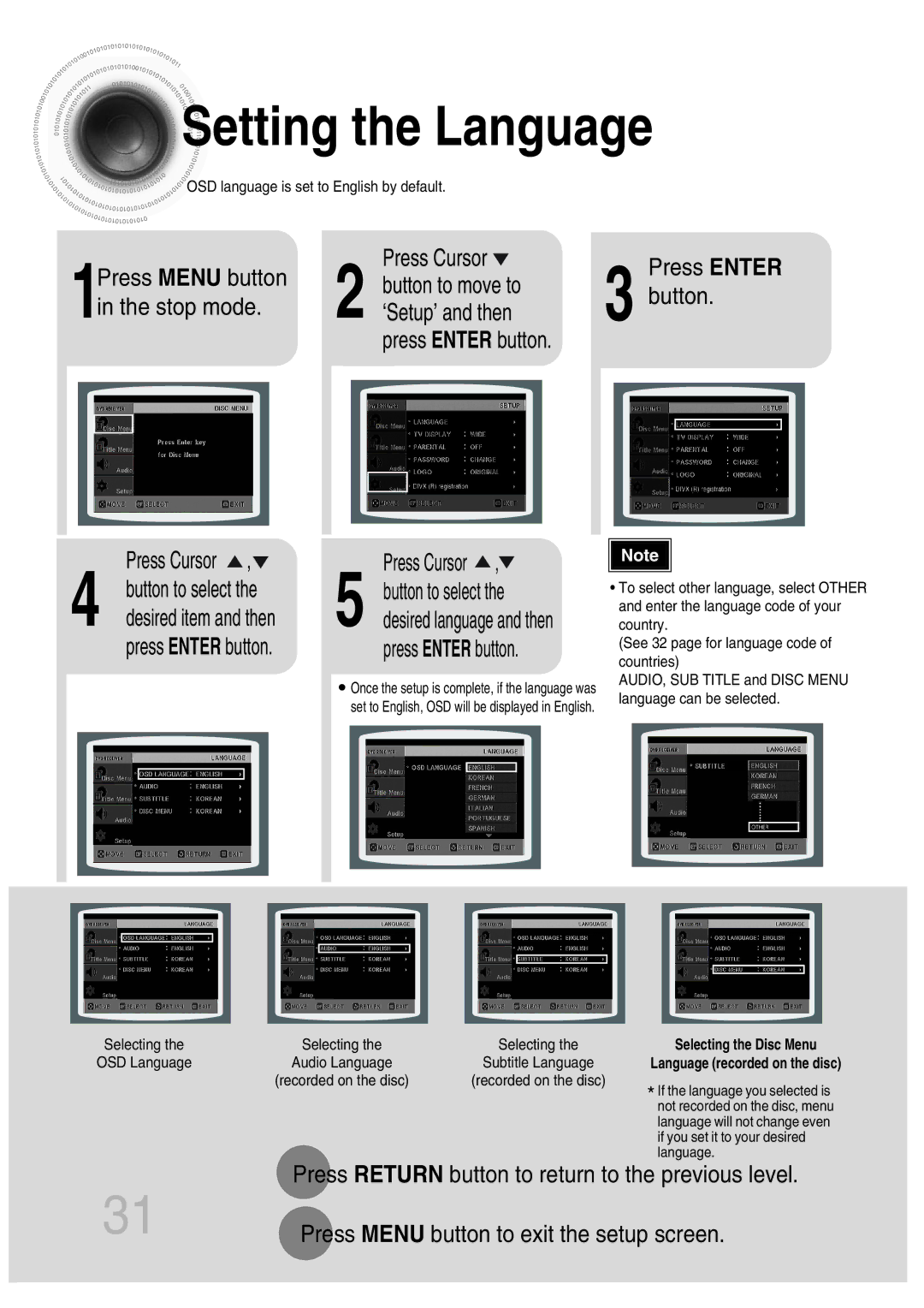 Samsung MAX-KT65Q/XFU manual Setting the Language, Press Menu button Press Cursor, Stop mode, Press Enter button 