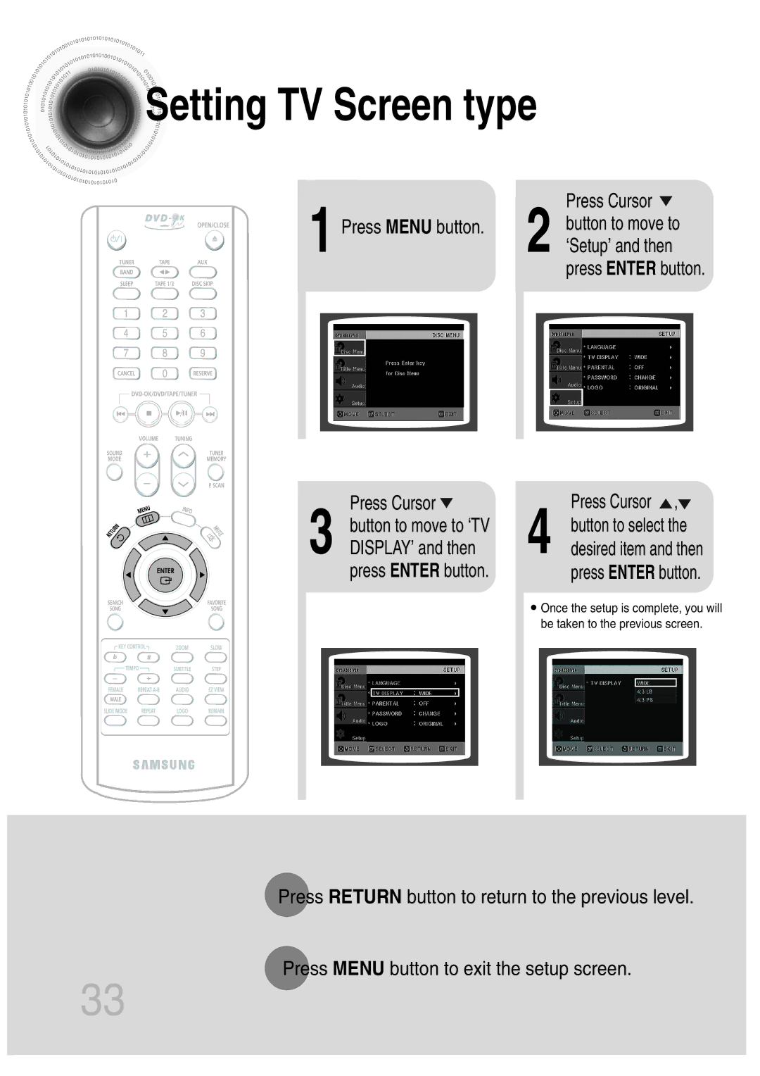 Samsung MAX-KT65Q/XFU manual Setting TV Screen type, Press Menu button 