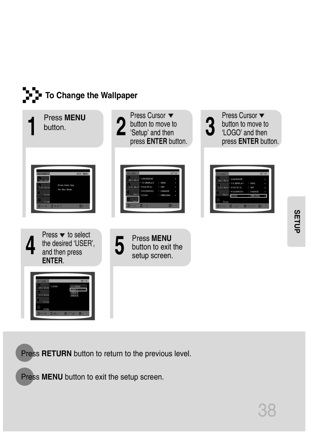 Samsung MAX-KT65Q/XFU manual Press Menu Press Cursor Button Button to move to, Press to select Press Menu, Then press 