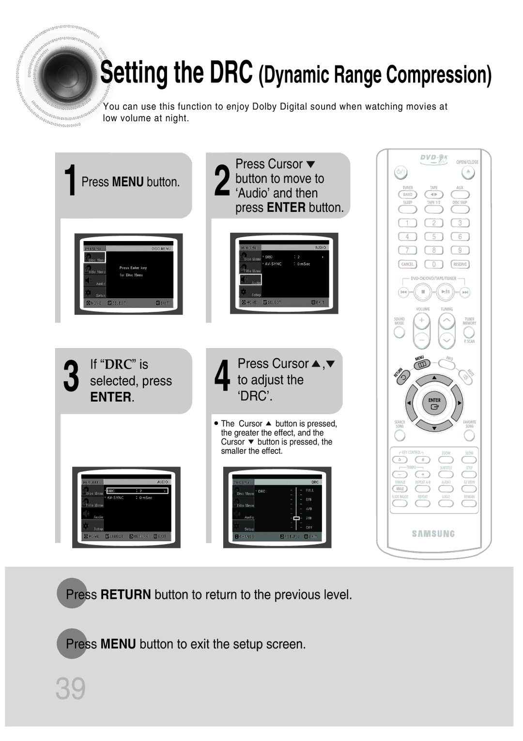 Samsung MAX-KT65Q/XFU Press Enter button If DRC is Selected, press, 1Press Menu button button to move to ‘Audio’ and then 