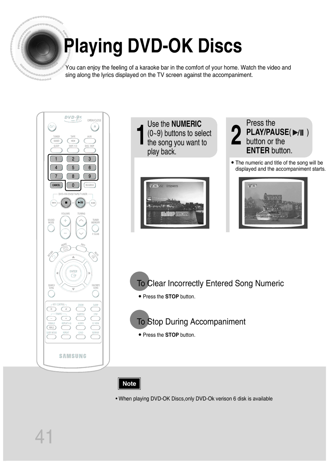 Samsung MAX-KT65Q/XFU manual Playing DVD-OK Discs, Use the Numeric, To Clear Incorrectly Entered Song Numeric 