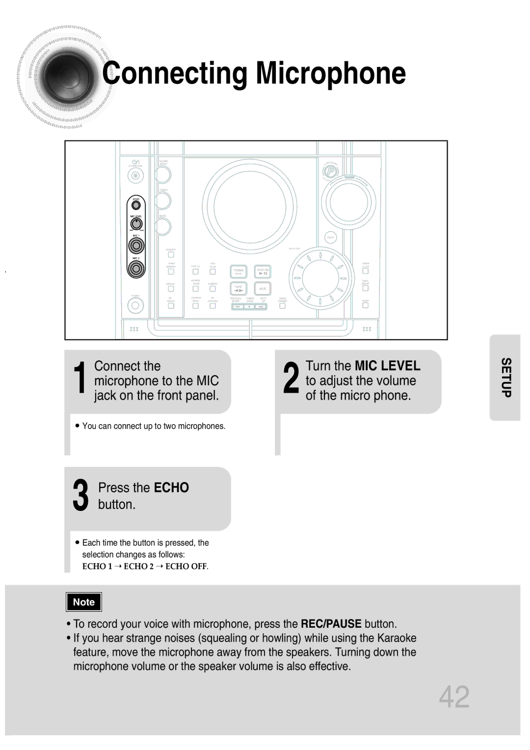 Samsung MAX-KT65Q/XFU manual Connecting Microphone, Microphone to the MIC, Jack on the front panel, Press the Echo button 