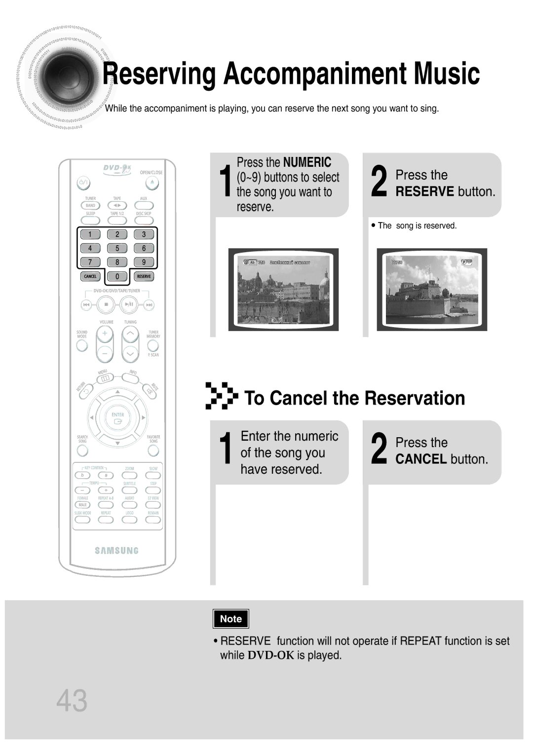 Samsung MAX-KT65Q/XFU manual To Cancel the Reservation, Reserve button, Enter the numeric Press Song you, Have reserved 