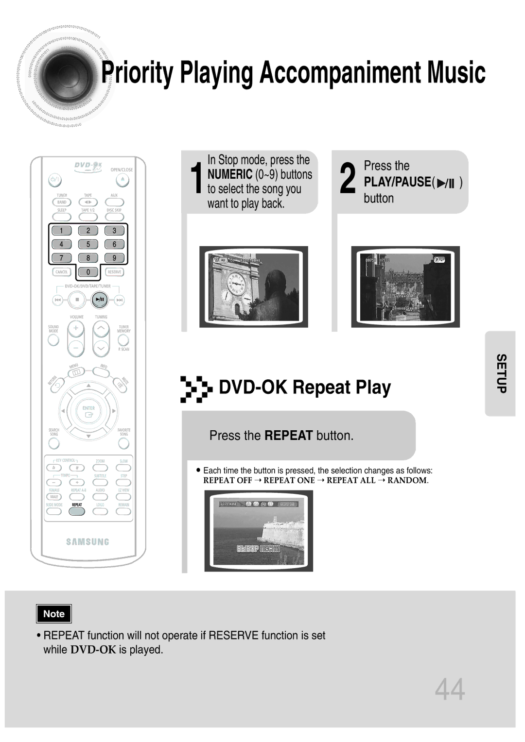 Samsung MAX-KT65Q/XFU manual DVD-OK Repeat Play, Want to play back, Press the Repeat button, 1to select the song you 