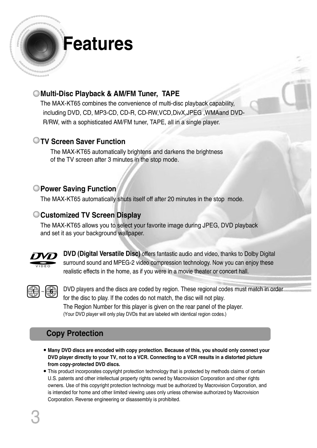 Samsung MAX-KT65Q/XFU manual Features, Copy Protection 