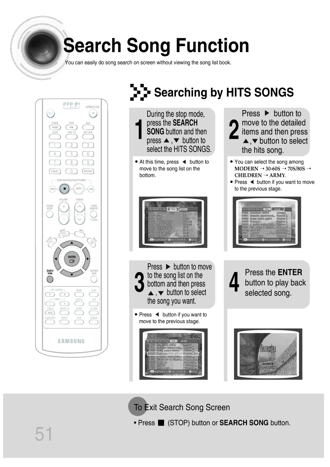 Samsung MAX-KT65Q/XFU manual Searching by Hits Songs, Press button to move, Hits song 