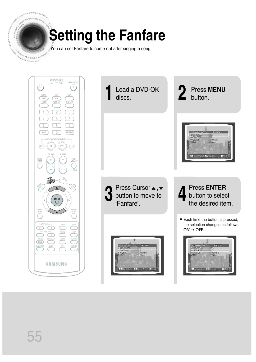 Samsung MAX-KT65Q/XFU manual Setting the Fanfare, Button to select the desired item 