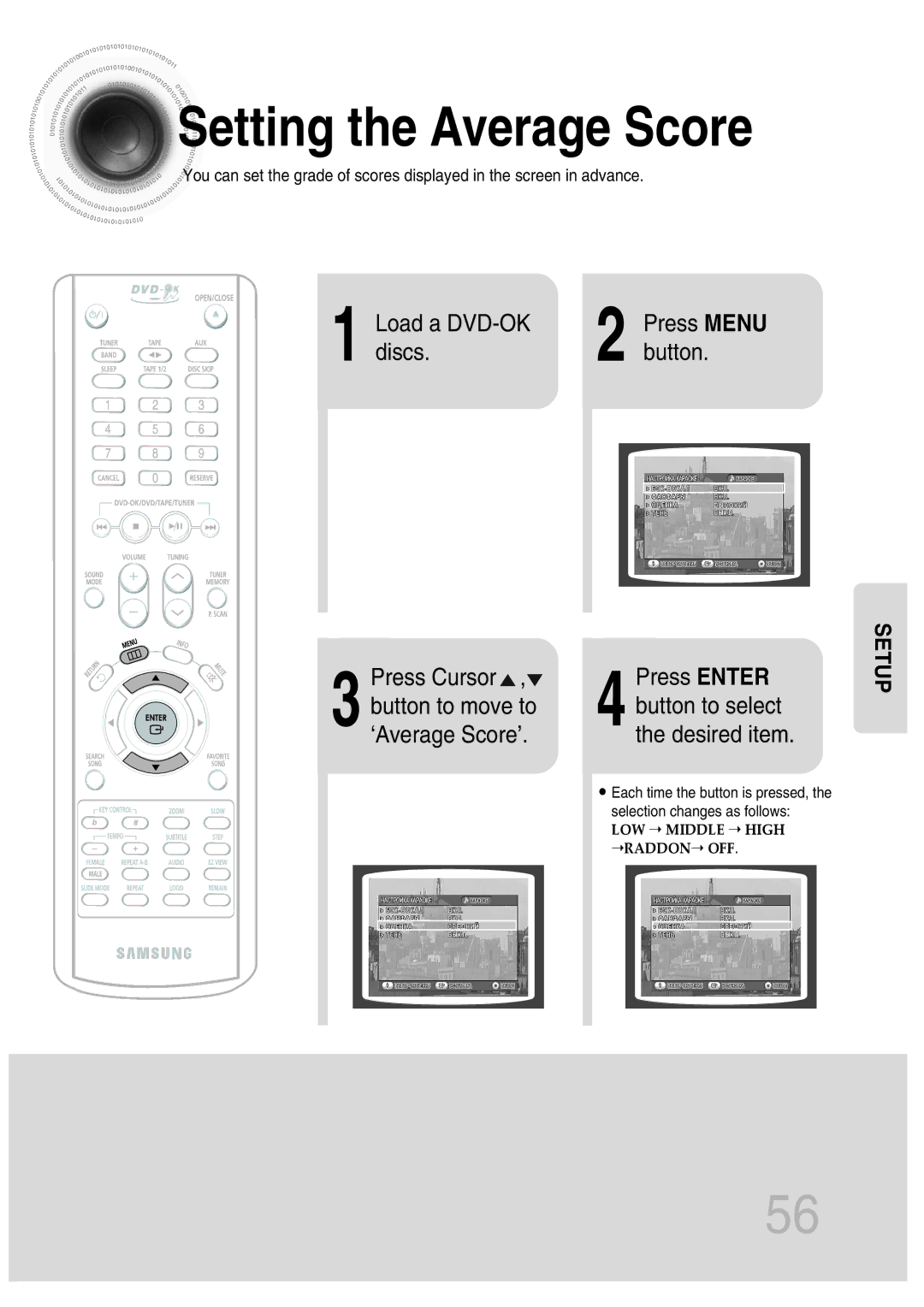 Samsung MAX-KT65Q/XFU Setting the Average Score, Discs Button Press Cursor Press Enter Button to move to, ‘Average Score’ 