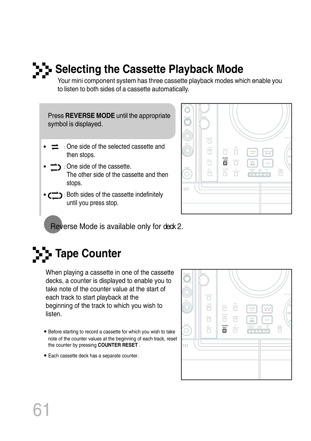 Samsung MAX-KT65Q/XFU manual Selecting the Cassette Playback Mode, Tape Counter, Reverse Mode is available only for deck 