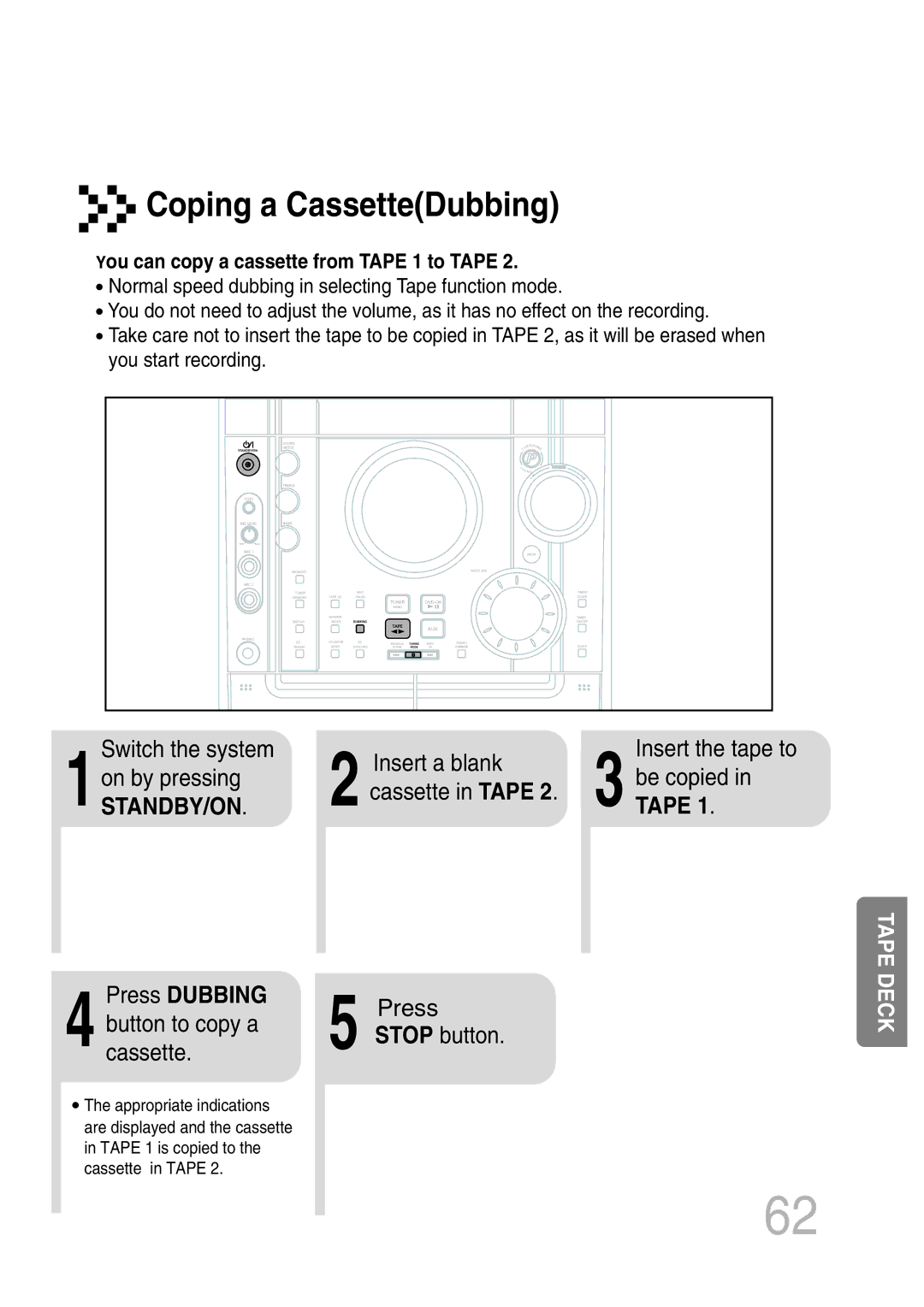 Samsung MAX-KT65Q/XFU manual Coping a CassetteDubbing, Press Dubbing, Tape 