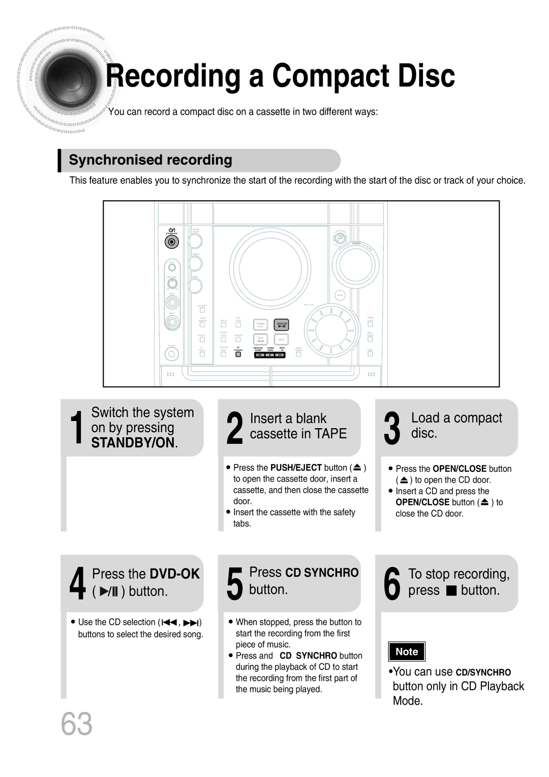 Samsung MAX-KT65Q/XFU manual Recording a Compact Disc, Synchronised recording, Load a compact disc 