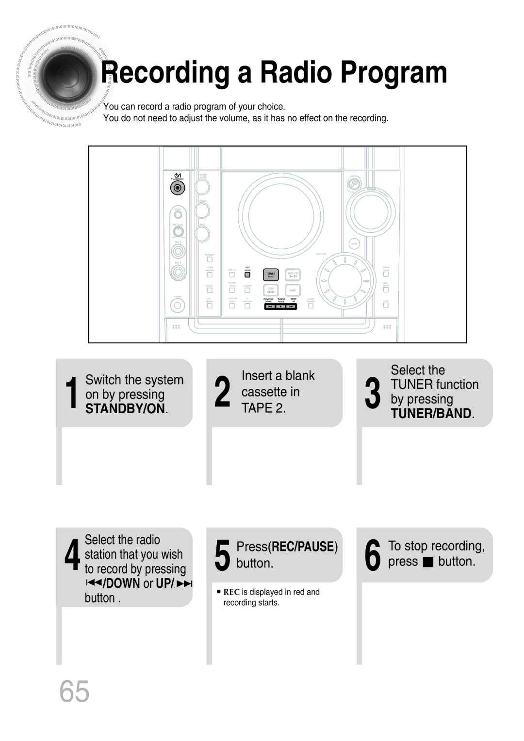 Samsung MAX-KT65Q/XFU manual Recording a Radio Program, Down or UP/ button 