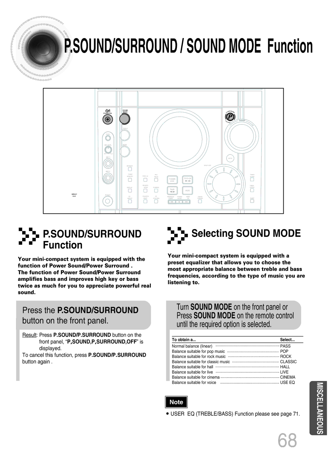 Samsung MAX-KT65Q/XFU manual SOUND/SURROUND / Sound Mode Function, Press the P.SOUND/SURROUND button on the front panel 