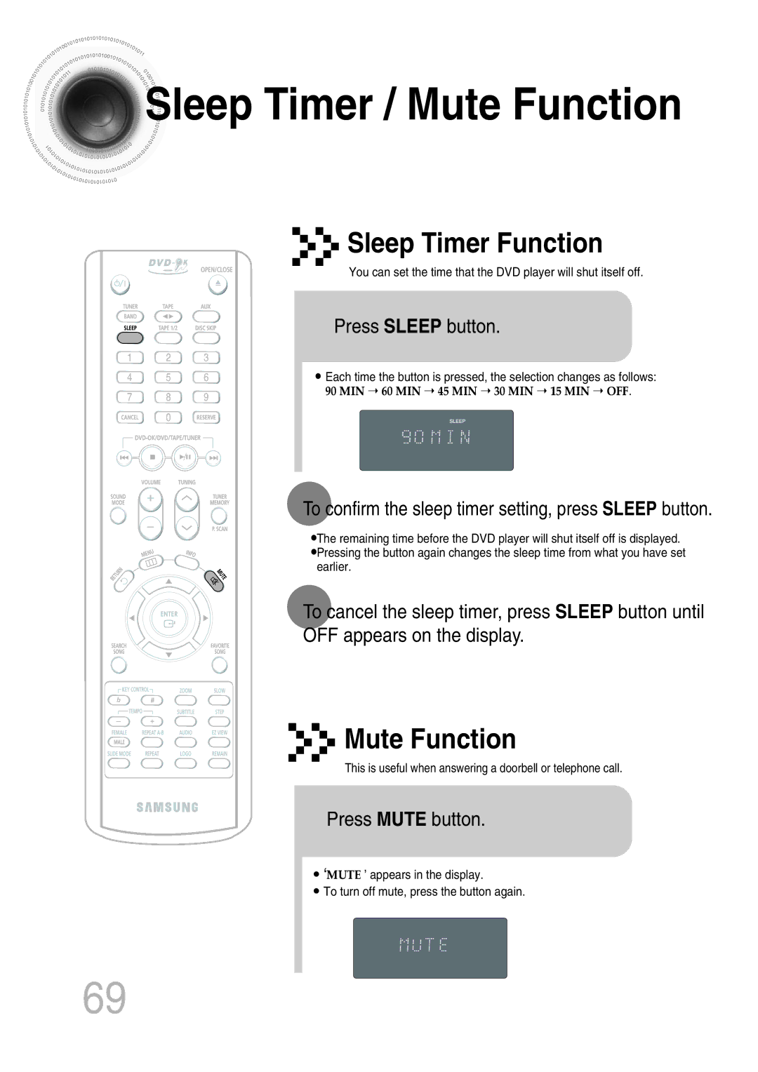 Samsung MAX-KT65Q/XFU manual Sleep Timer Function, Mute Function 