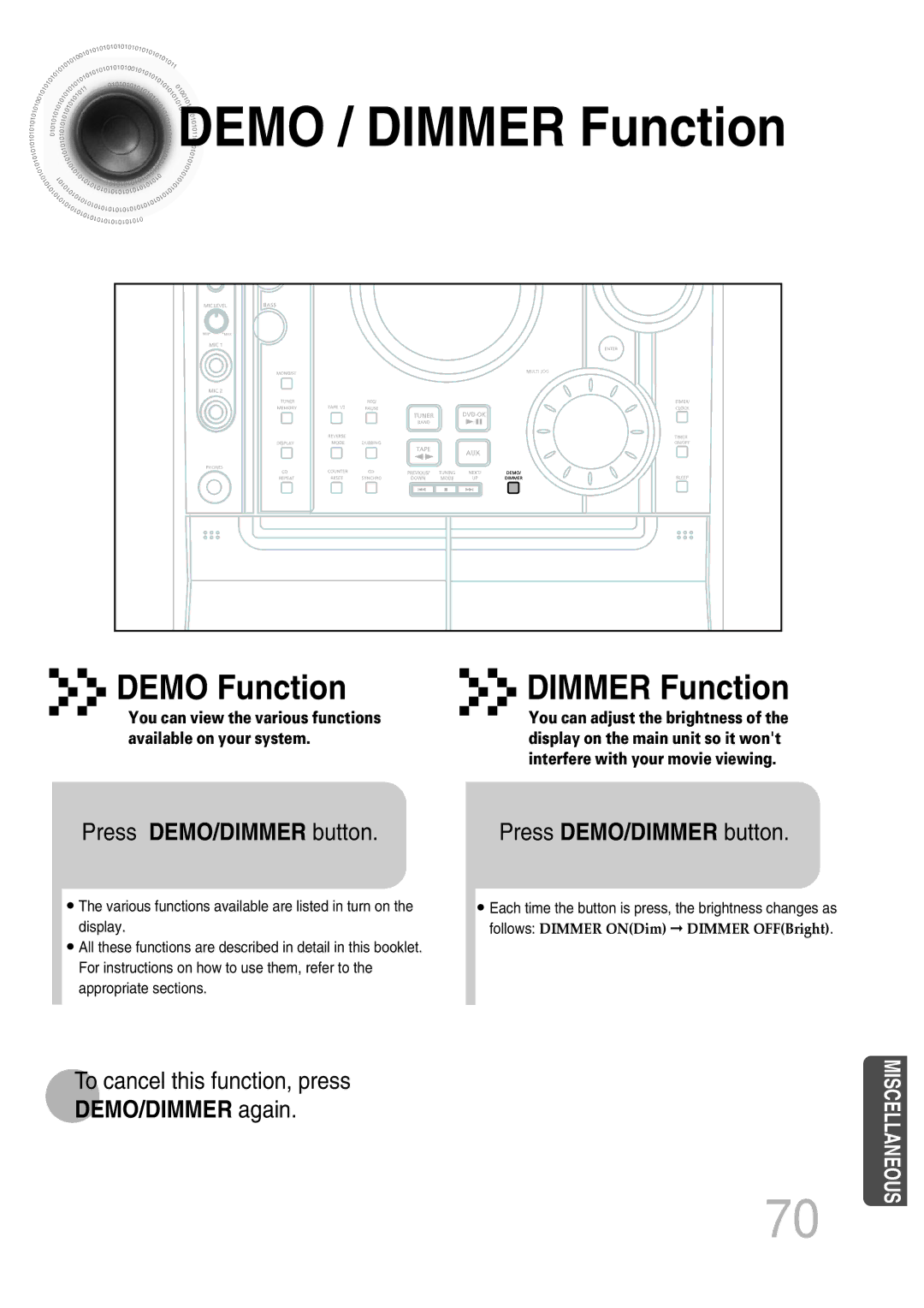 Samsung MAX-KT65Q/XFU Demo / Dimmer Function, Demo Function, Press DEMO/DIMMER button, To cancel this function, press 