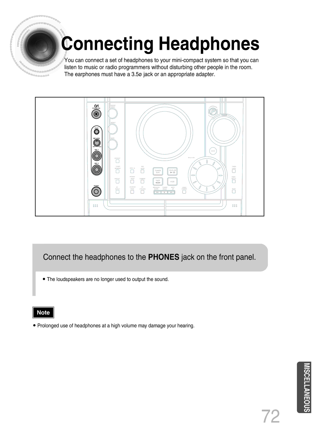 Samsung MAX-KT65Q/XFU manual Connecting Headphones, Connect the headphones to the Phones jack on the front panel 