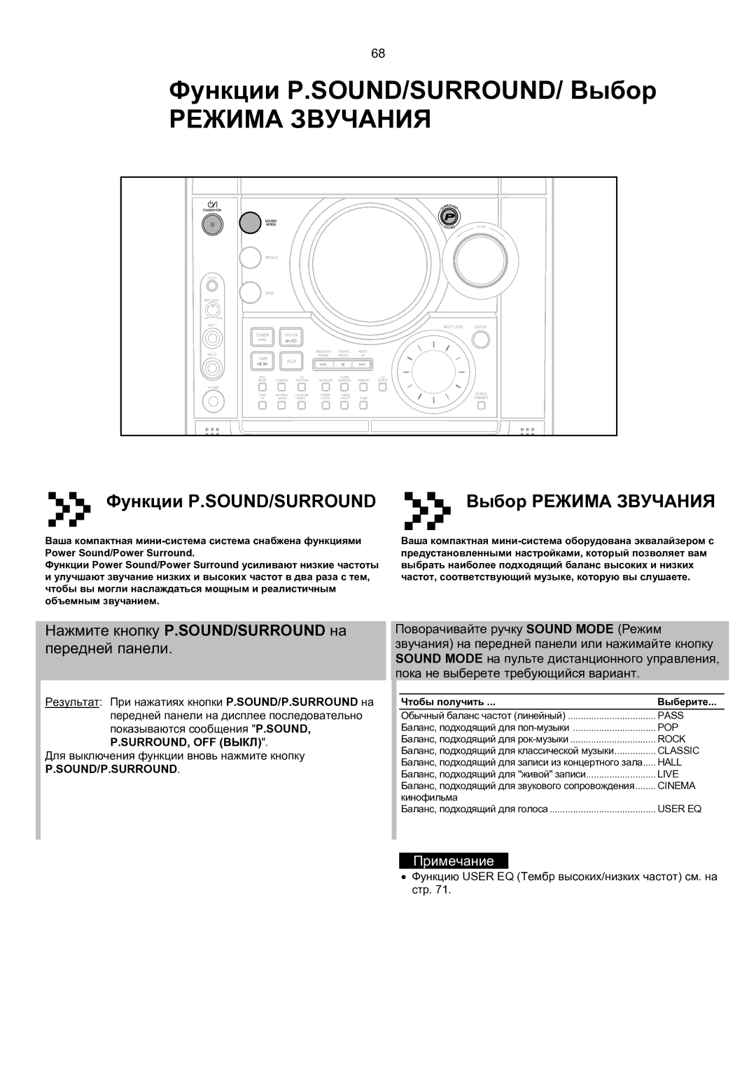 Samsung MAX-KT85Q/XFU manual Функции P.SOUND/SURROUND/ Выбор, Нажмите кнопку P.SOUND/SURROUND на передней панели 