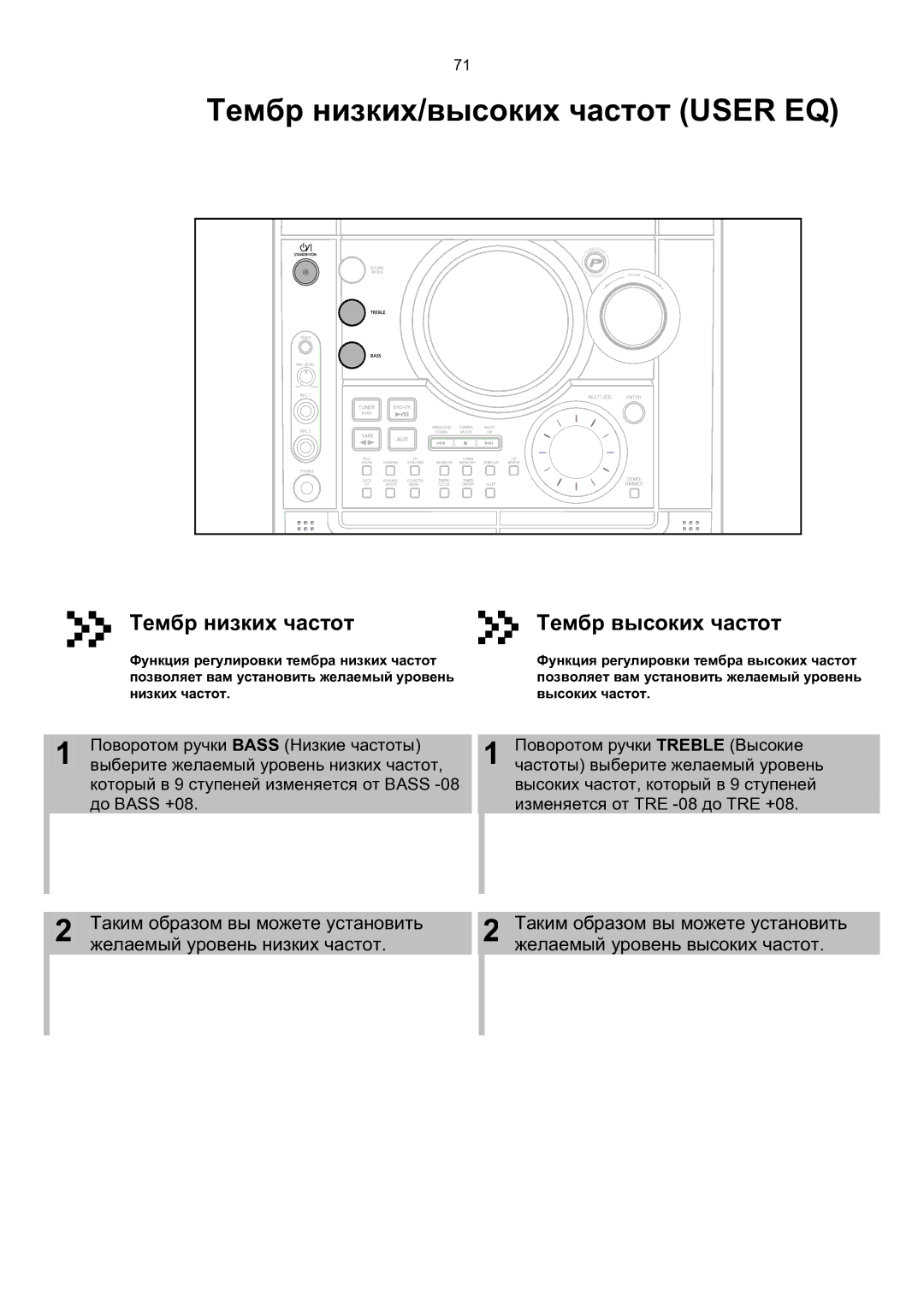 Samsung MAX-KT85Q/XFU manual Тембр низких/высоких частот User EQ, Тембр низких частот, Тембр высоких частот 