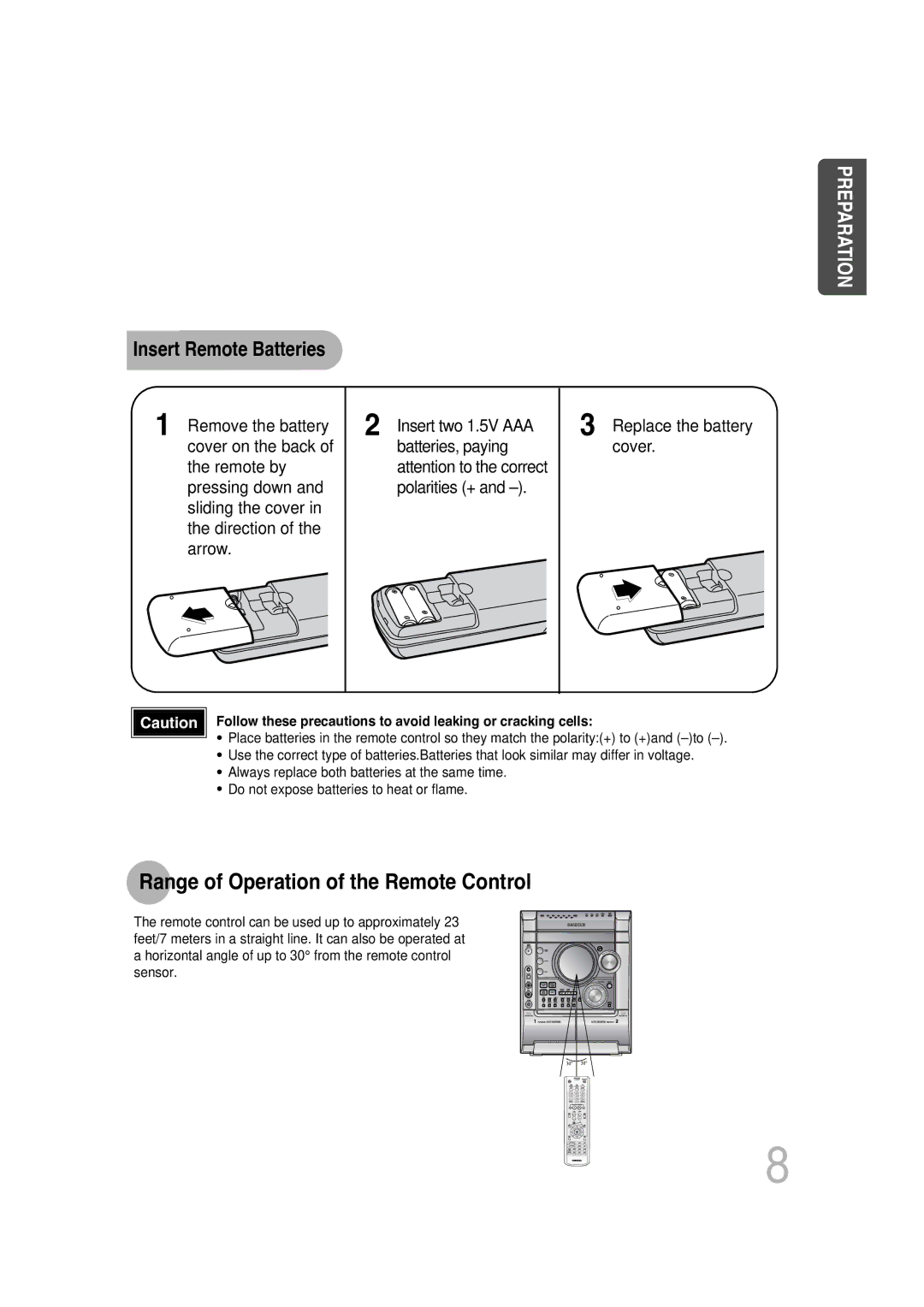 Samsung MAX-KT85Q/XFU manual Range of Operation of the Remote Control, Insert Remote Batteries 