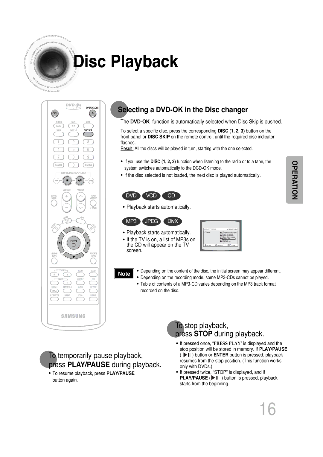 Samsung MAX-KT85Q/XFU Disc Playback, Selecting a DVD-OKin the Disc changer, To stop playback Press Stop during playback 