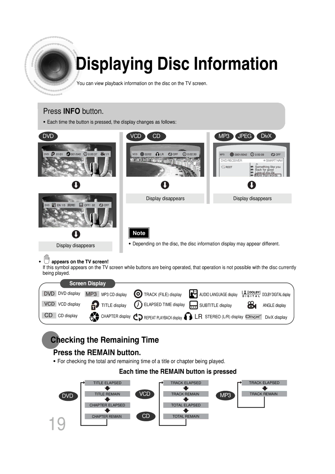 Samsung MAX-KT85Q/XFU manual Displaying Disc Information, Press Info button, Press the Remain button 