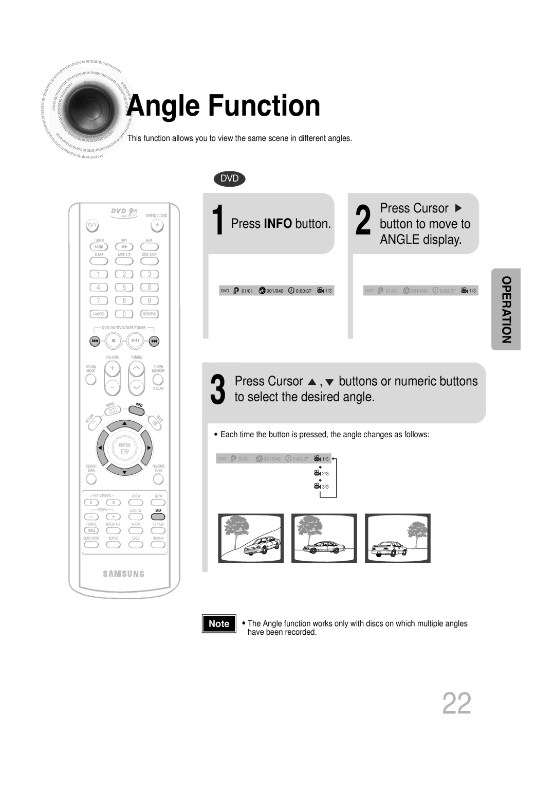 Samsung MAX-KT85Q/XFU manual Angle Function, Press Cursor, Angle display 