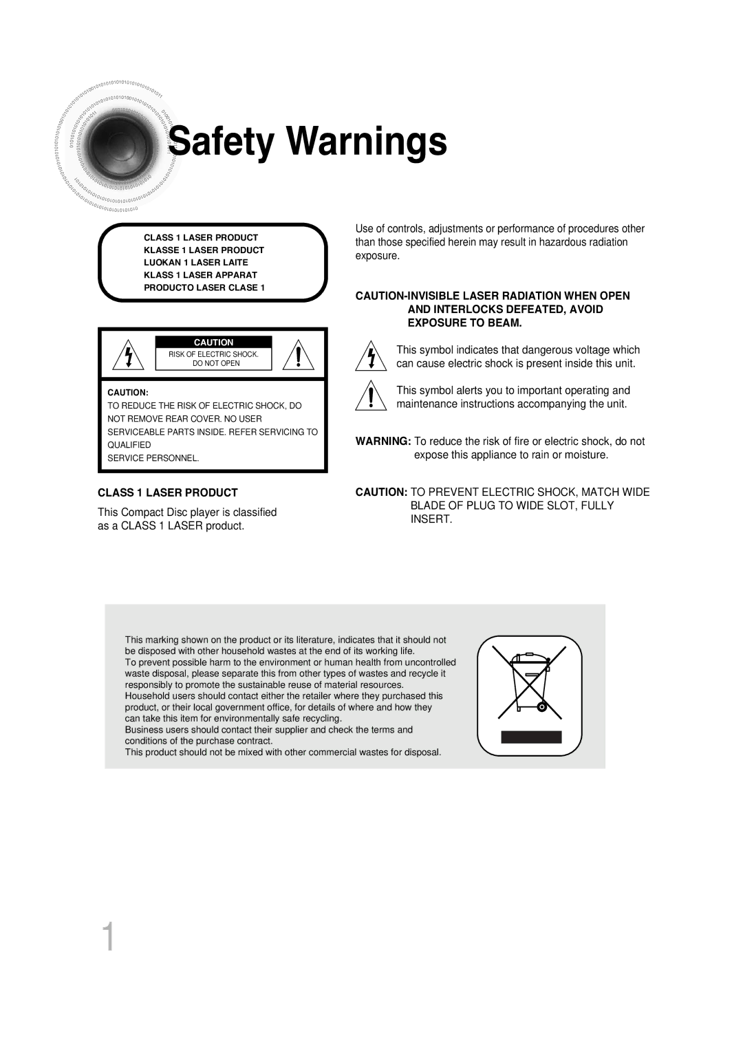 Samsung MAX-KT85Q/XFU manual Safety Warnings, Class 1 Laser Product 