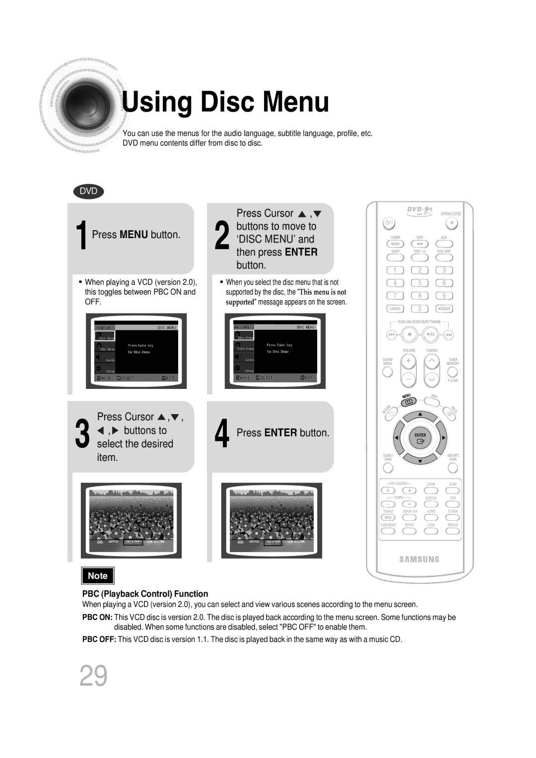 Samsung MAX-KT85Q/XFU manual Using Disc Menu, Press Menu button, Press Enter button 