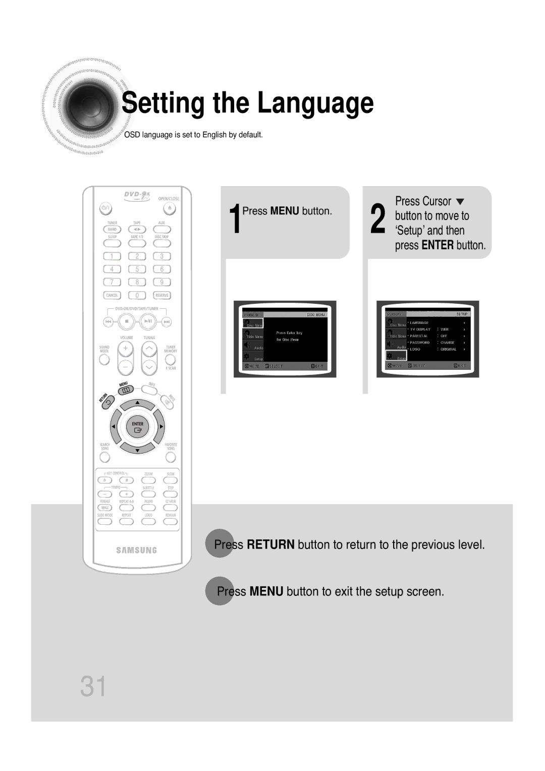 Samsung MAX-KT85Q/XFU manual Setting the Language 