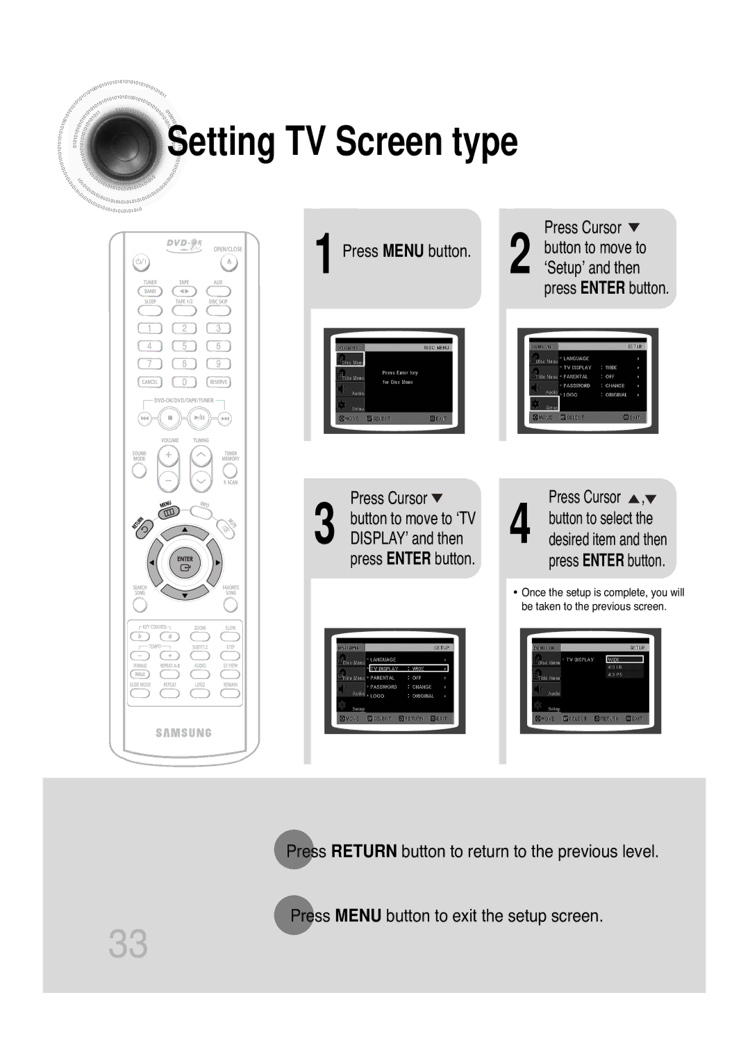 Samsung MAX-KT85Q/XFU manual Setting TV Screen type, Press Enter button 